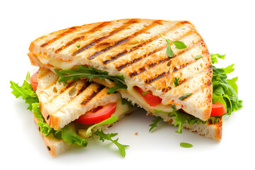 Delicious Grilled Cheese Sandwich with Tomato and Greens on isolated  white background