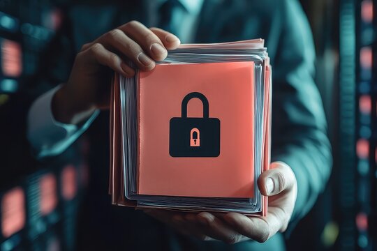 Businessman storing documents on a secure server with a checkmark and a lock icon