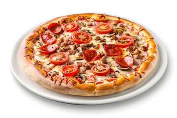 Delicious Pepperoni and Tomato Pizza on a White Plate - Studio Shot, isolated  white background