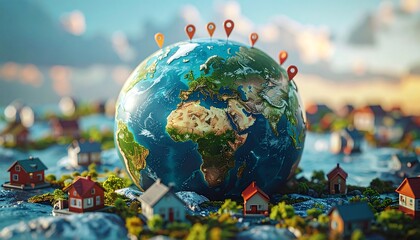 A digitally rendered depiction featuring a vibrant blue Earth, encircled by location markers, surrounded by miniature houses, symbolizing global communities