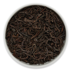 Black Ceylon single estate tea (OP grade) from the Kandy region, Sri Lanka, loose dried leaves displayed in a white bowl, viewed from above