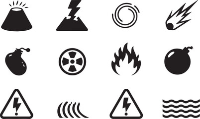Caution icons set, black silhouette warning symbols for accident prevention, hazard signs, protective gear, danger alert Illustrator Artwork