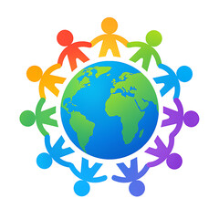 Diverse community of colorful people holding hands around earth globe symbolizing unity and peace isolated on transparent background