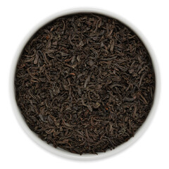Black Ceylon single estate tea (FBOP grade) from the Ruhuna region, Sri Lanka, loose dried leaves displayed in a white bowl, viewed from above