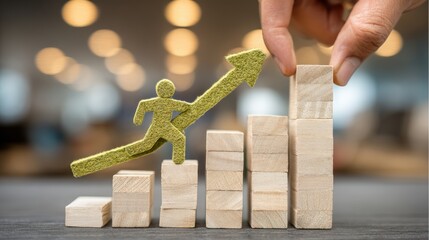 Hand placing a green wooden figure on top of a bar graph made from wood blocks symbolizing business growth and human resources