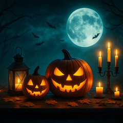 Glowing halloween pumpkins with candles under full moon night sky creating spooky festive atmosphere with bats