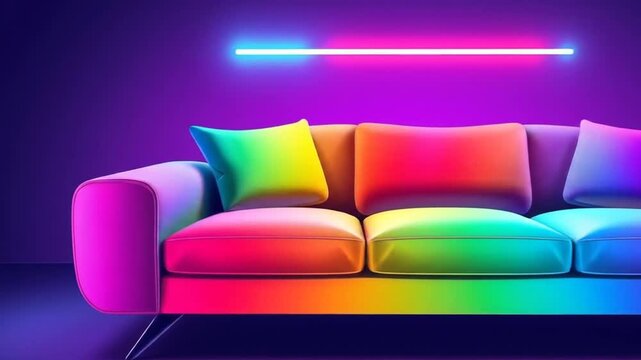 Bright colorful sofa with neon lights in a stylish interior setting. 4k video