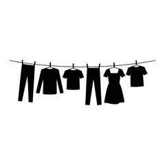 Black and White Silhouette of Clothes Hanging on a Clothesline Outdoor Apparel Fashion Laundry Drying Concept
