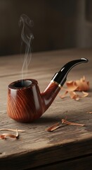 Elegant Smoking Pipe on Wooden Surface with Rising Smoke.