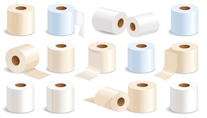 A collection of fifteen illustrations of toilet paper rolls in various orientations and colors, against a clean, white background