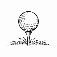 Golf Ball on Tee in Grassy Field Black and White Illustration Ready for the First Swing