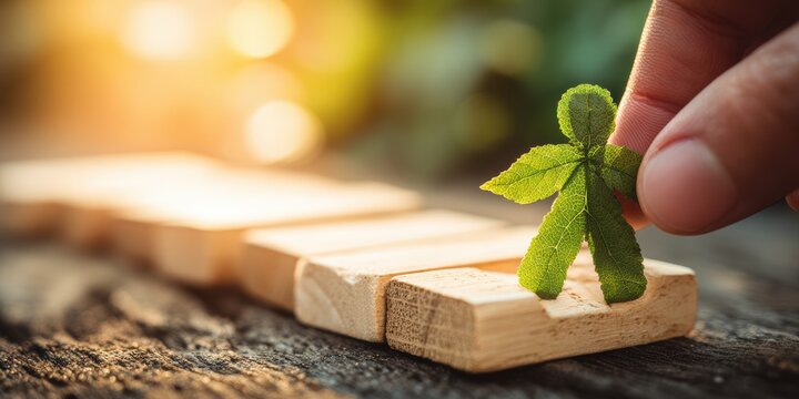 Hand placing a green wooden figure on top of a bar graph made from wood blocks symbolizing business growth and human resources