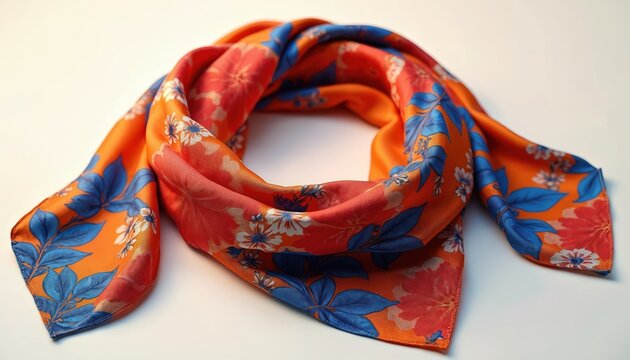 Vibrant orange scarf with blue and white floral patterns. Elegant textile with folded design on white background. Fashionable accessory with red flowers and leaf ornament.