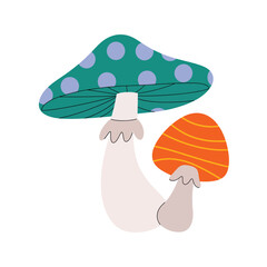 Whimsical green and orange mushrooms with polka dots and stripes