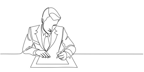businessman writing on paper line art style vector illustration. Editable line Vector eps	