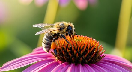 Honeybee on Echinacea Flower - A Close-Up of Pollination.