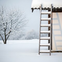 Winters Embrace - A Ladders Snowy Ascent to a Cottage Roof.