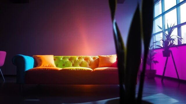 Bright colorful sofa with neon lights in a stylish interior setting. 4k video