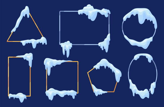 Snow cap frames. Winter frame snowy roof effect, melt icicles arctic frost border ice ring christmas snowflake circle shape borders banner abstract design, neat vector illustration original artwork