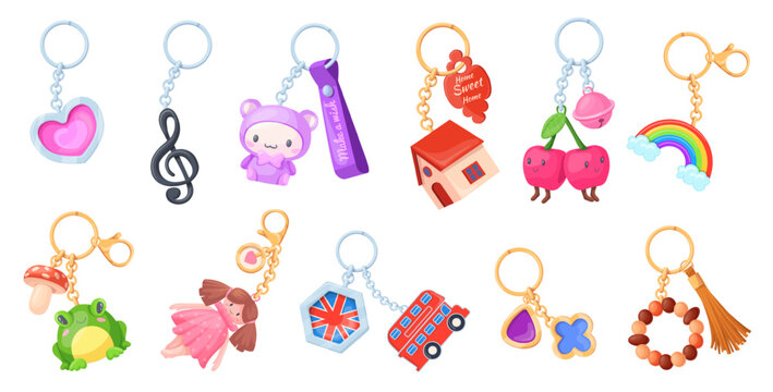 Cartoon keychains. Keyrings, key holder with trinket doll on chain ring fob decorative pendant for door keys bag keychain tag design hanging accessory, set neat vector illustration original artwork