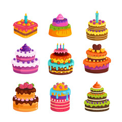 Cartoon birthday cakes. Chocolate cake with candle on table plate, party celebration pie wedding celebration sweet food cream cute design holiday dessert kicky vector illustration original artwork