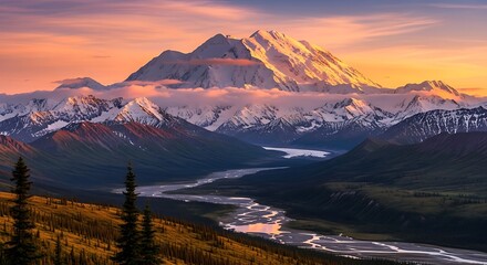 Denali National Park - Majestic Mountain Scenery at Sunset.