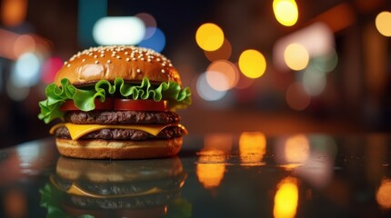 Delicious double cheeseburger with lettuce and tomato on a reflective surface