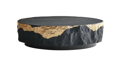 Round table stone texture, gold accents on a modern base against black backdrop