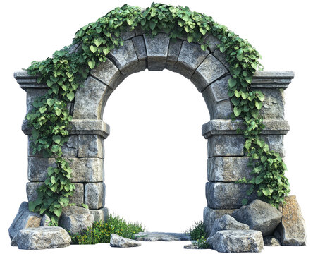 Stone archway covered with ivy and small plants at its base - Powered by Adobe