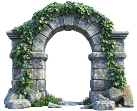 Stone archway covered with ivy and small plants at its base