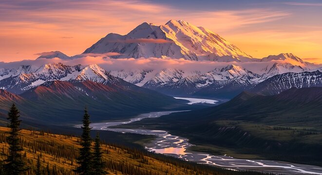 Denali National Park - Majestic Mountain Scenery at Sunset.
