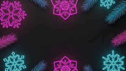 Vibrant Neon Snowflakes and Fir Branches Frame on Dark Background.