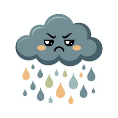 Angry cartoon cloud raining colorful droplets with sad expression