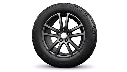 Obraz premium A detailed rendering of a single, modern vehicle wheel. The black tire is mounted on a silver and gray alloy rim, set against a clean white background
