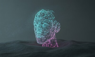 A digital, geometric human head emerges from a textured, dark surface with cyan and magenta glow