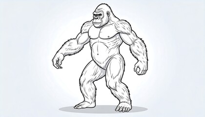 A digitally rendered illustration depicts a muscular ape-like creature, depicted in black and white linework against a subtly shaded background