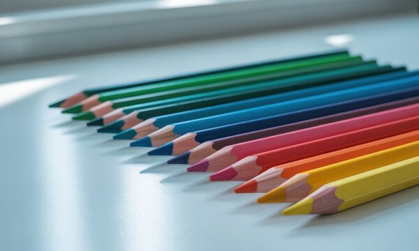 A diagonal row of sharpened, colorful pencils sits on a bright, white surface