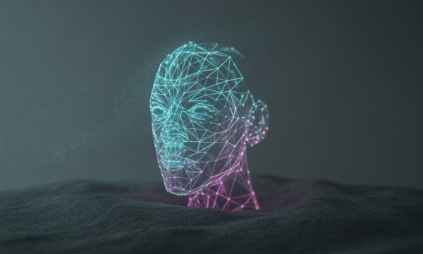 A digital, geometric human head emerges from a textured, dark surface with cyan and magenta glow - Powered by Adobe