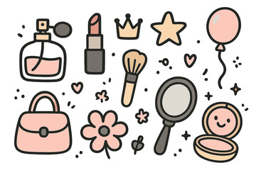 Fototapeta premium Cute Perfume Doodle Icons. Perfume doodle icon set: hand drawn icons of perfume bottle, lipstick, brush, crown, star, balloon, bag