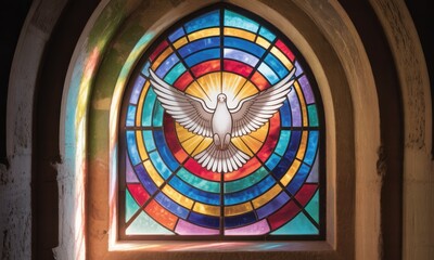 Naklejka premium A dove in stained glass, radiating light within an arched church window