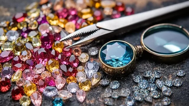 Assorted colorful precious gemstones and jewelry tools are scattered on a textured surface.
