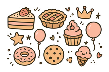 Cute Dessert Icons. Dessert doodle icon set: hand drawn icons of cake, pie, cupcake, crown, star, balloon, donut, cookie, and