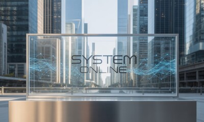 A futuristic, clear screen displays "SYSTEM ONLINE" against a city backdrop with connecting lines