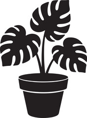 Monstera plant silhouette vector, monstera plant with large, monstera and palm plants with large tropical leaves, monstera plant in pot silhouette vector illustration