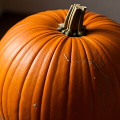 Close-up of a Ripe Orange Pumpkin with Stem.
