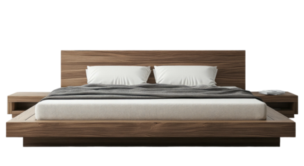 Wooden bed with white linens, gray blanket, & side tables, minimal setting