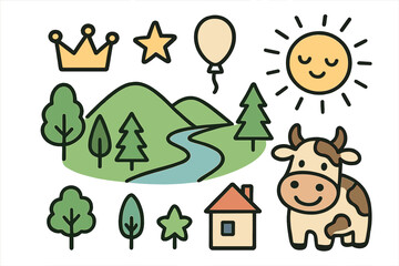 Valley Doodle Icons. Valley doodle icon set: hand drawn icons of hills, river, trees, crown, star, balloon, sun, house, and