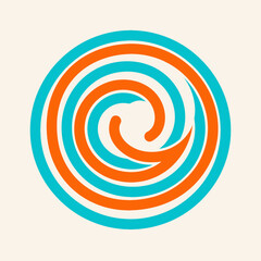 Circular abstract design with swirling orange and teal lines.