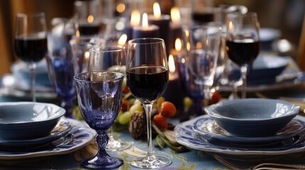 Fototapeta premium Elaborate dining table showcases wine glasses filled with red liquid, and a selection of blue-toned plates and elegant stemware; softly glowing candlelight illuminates the sophisticated setting,...