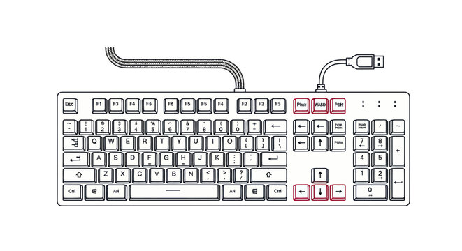 Wired Computer Keyboard Line Art with Highlighted Gaming Keys and Microphone.